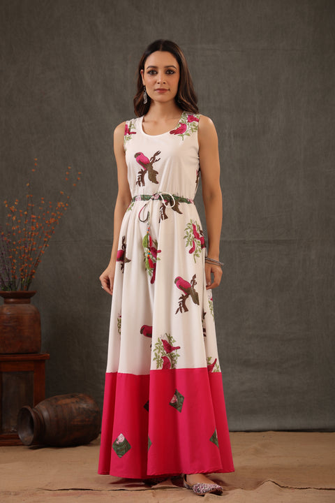 Parrot Green and Fuscia pink double layered dress