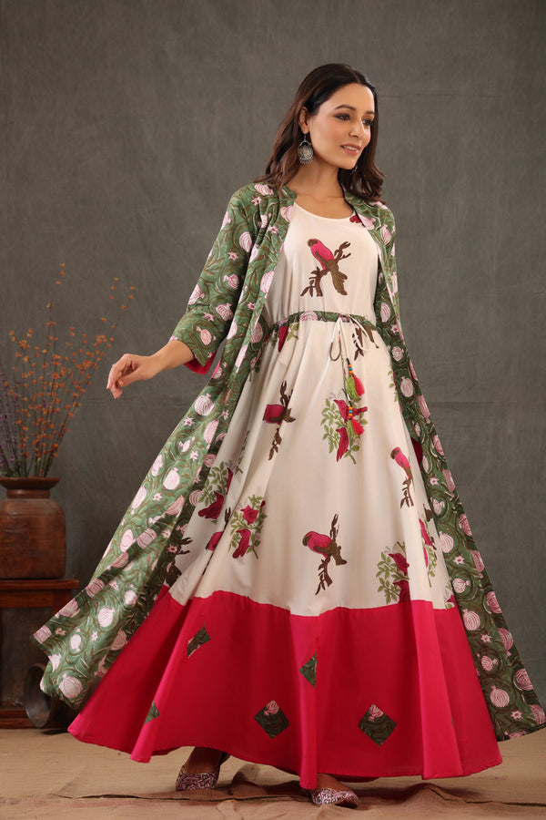 Parrot Green and Fuscia pink double layered dress