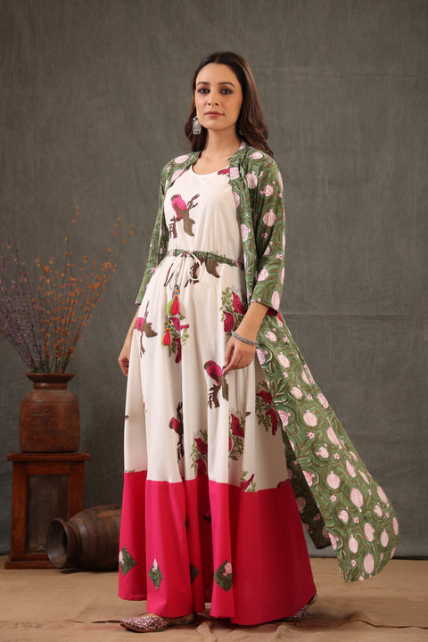 Parrot Green and Fuscia pink double layered dress