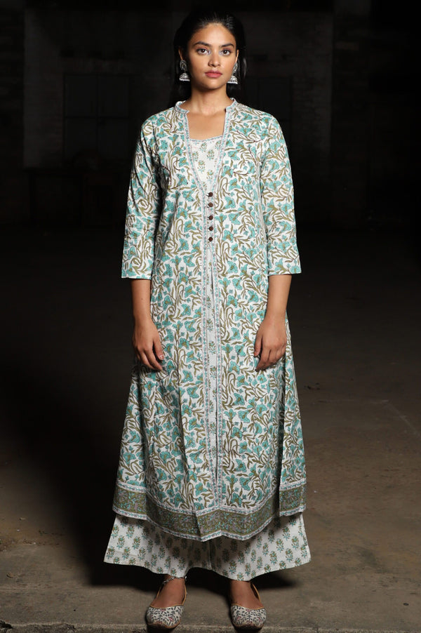 Shuddhi Green Tonal A line Kurta And Pant Set