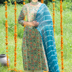 Shuddhi Green And Orange Anarkali And Duppatta Set