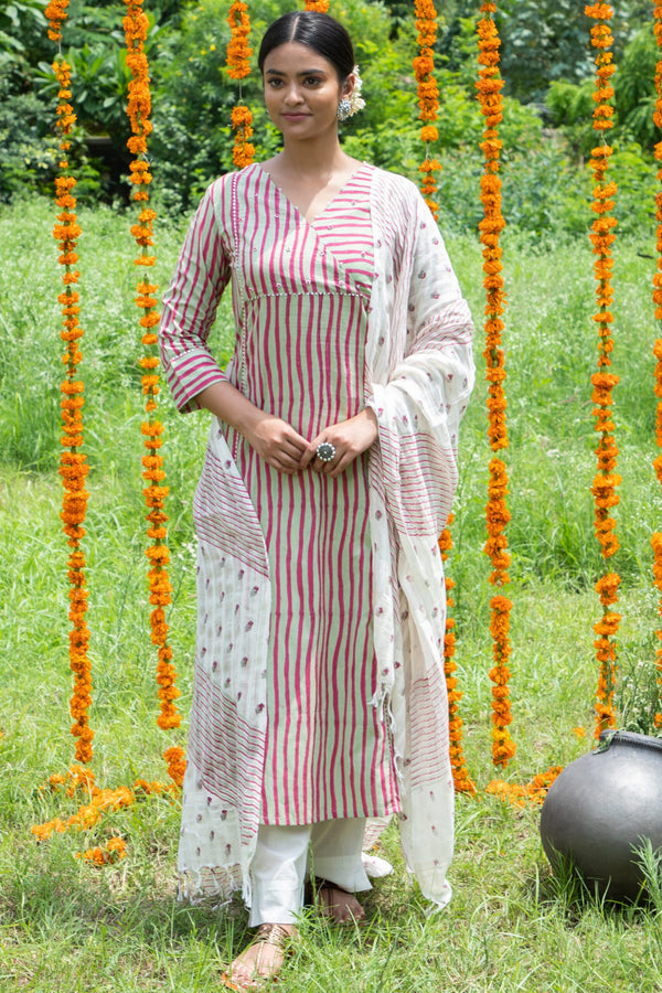 Shuddhi Pink And Green Stripes A line  Kurta Duppatta Set