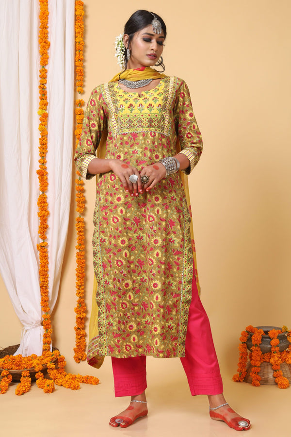 Mustard and Yellow Handblock Printed kurta With Bhandej Duppatta