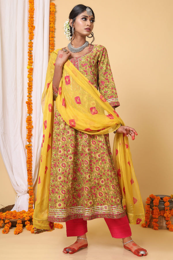 Mustard and Yellow Handblock Printed Anarkali With Bhandej Duppatta