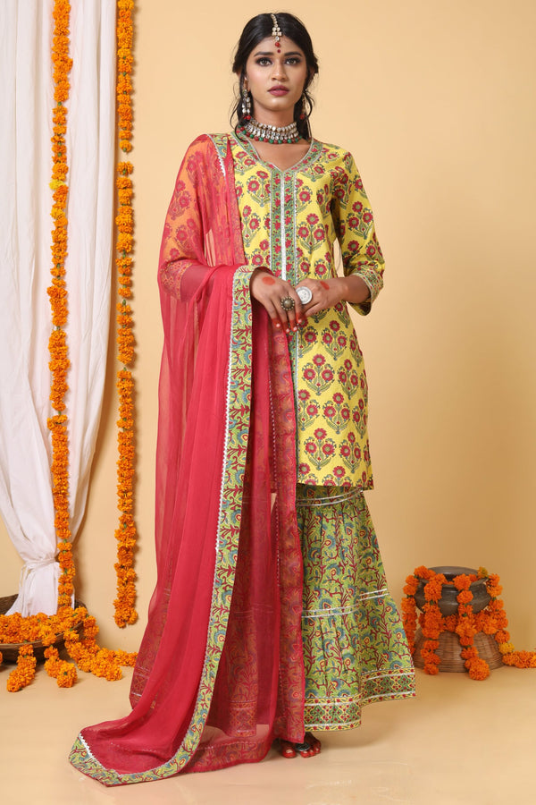 Yellow and Green Sharara Set