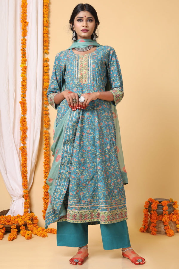 Teal Green and peach handblock printed anarkali with Chiffon Duppatta