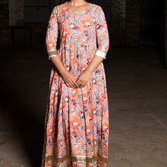 Shuddhi Peach Handblock Printed Gota Long Dress