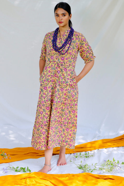 Shuddhi Mustard And Violet Cotton Dress