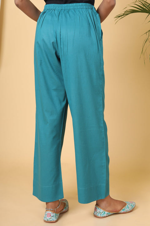 Teal Green Cotton Casual Pant