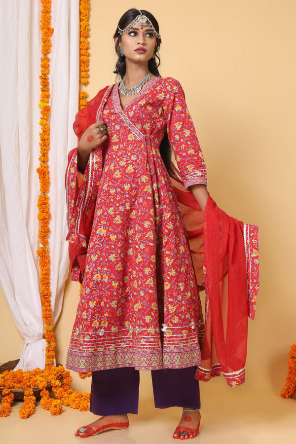 Red and Yellow Handblock Printed Anarkali with Kota Duppatta