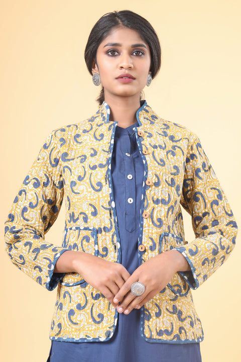 Canary Yellow With Indigo Short Cotton Quilted Jacket