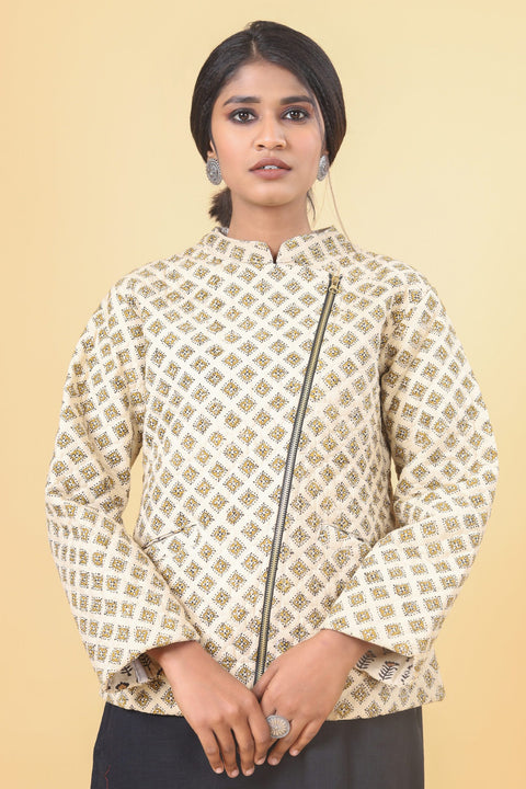 Cosmic Latte With Canary Yellow Short Cotton Quilted Jacket