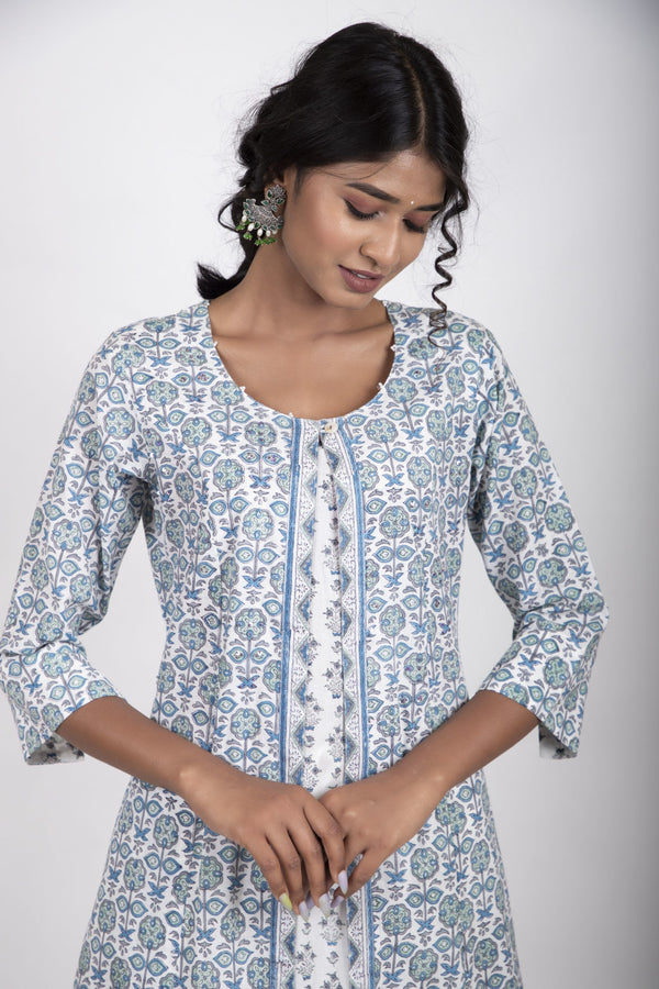 Sapphire Blue with a combination of Tiffany Blue handblock printed kurta