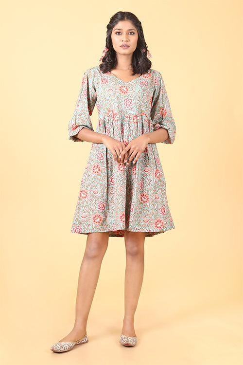 Shuddhi Pistachio with Scarlet Handblock Printed Dress