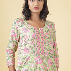Mint Green With Gladiolus Pink A Line Kurta