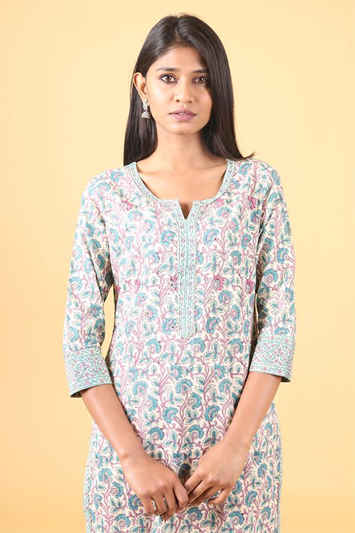 Shuddhi Macron White with Teal Geen Handblock Printed Kurta