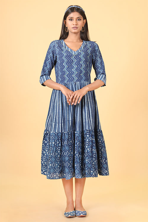 Shuddhi Indigo Striped Handblock Printed Dress