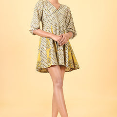Shuddhi Beige and canarry yellow  Handblock Printed Dress