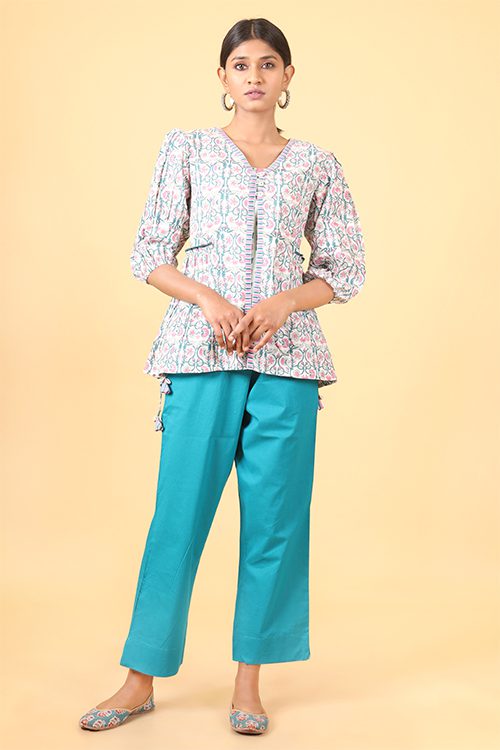 Shuddhi Teal green and ballerina pink handblock printed double top