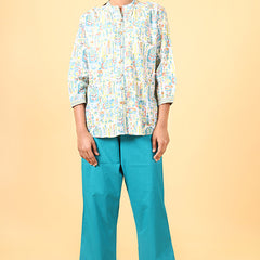 Shuddhi Teal green and parrot green handblock printed shirt
