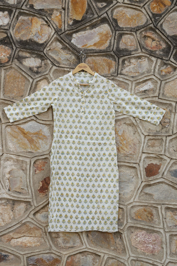 Off White & Yellow Cotton Kurta